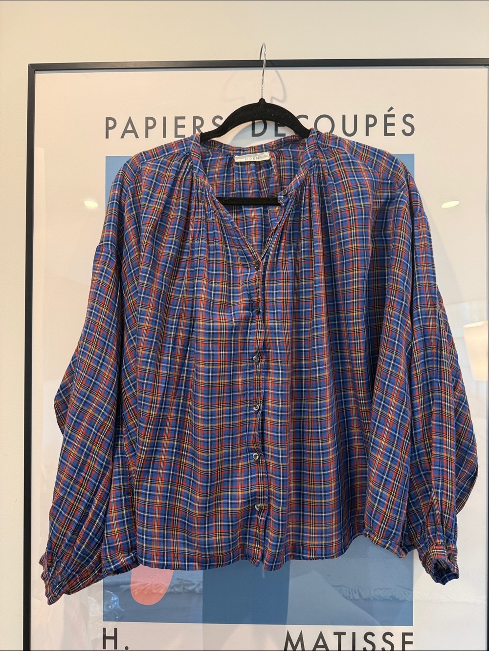 Doen Blue and Red Plaid Button-Front Top